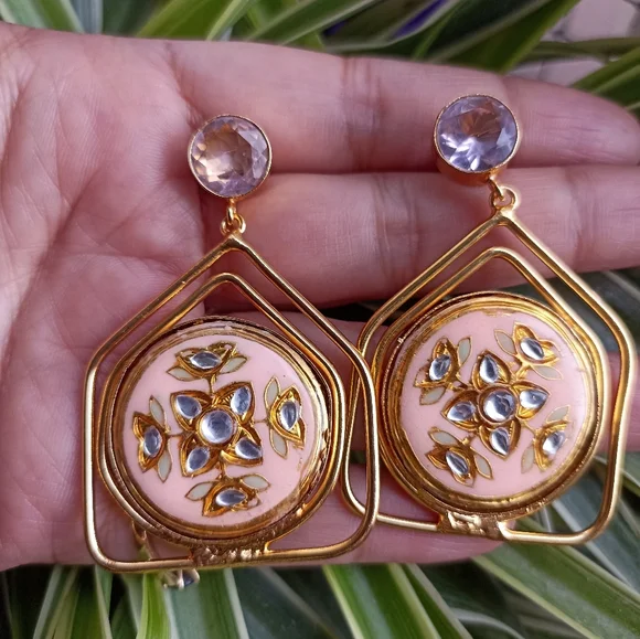 Handmade gold platted stone studded enameled drop earrings - Picture 7 of 10